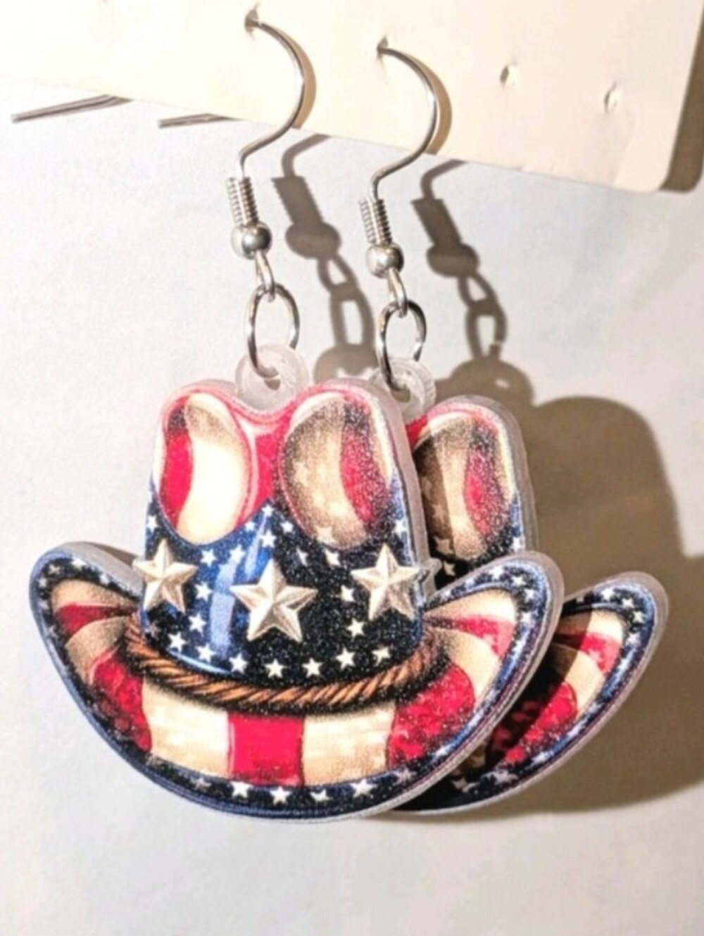 Hand Crafted Patriotic Cowboy Hat Earrings in Red, White, Blue